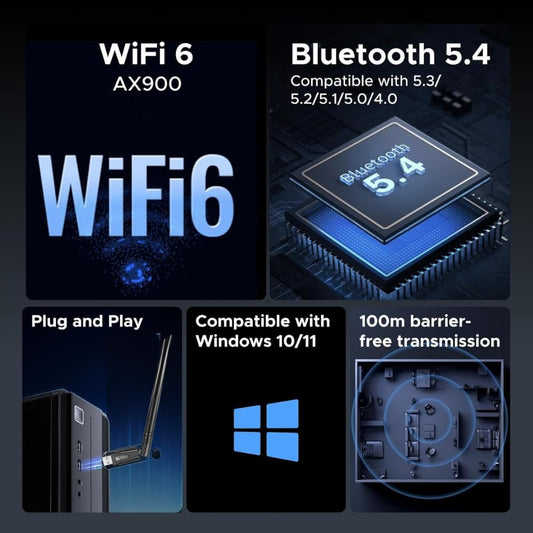 ARVOX AX900 900 Mbps WiFi 6 + Bluetooth 5.4 Wireless Network USB Adapter for Desktop PC with 2.4Ghz/5Ghz High Gain Dual Band 5 Dbi Antenna Wi-Fi, Supports Windows 11/10 MU-MIMO WPA3 OFDMA