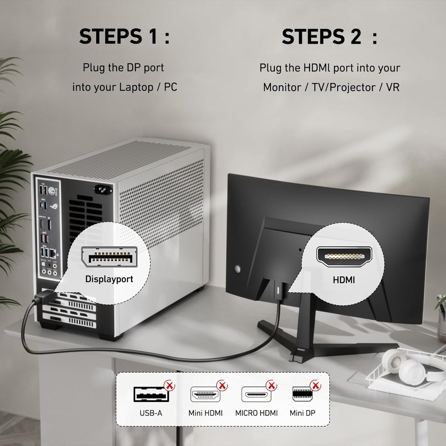 ARVOX DisplayPort to HDMI Cable, 4K@30Hz Uni-Directional UHD DP to HDMI Audio & Video Display Cable for Projector, Laptop, TV, Monitor, MacBook 6FT