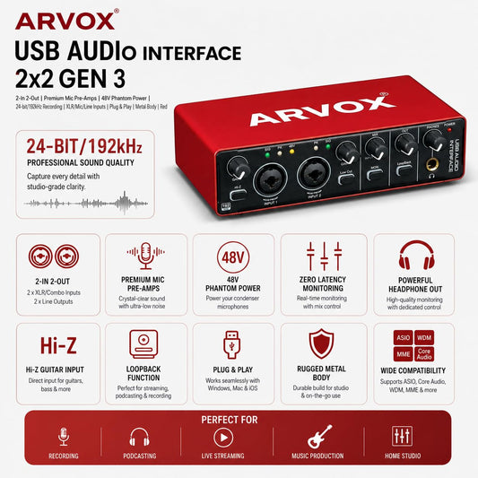 Arvox USB Audio Interface 2x2 Gen 3 | 2-In 2-Out | Premium Mic Pre-Amps | 48V Phantom Power | 24-bit/192kHz Recording | XLR/Mic/Line Inputs | Plug & Play | Metal Body | Red