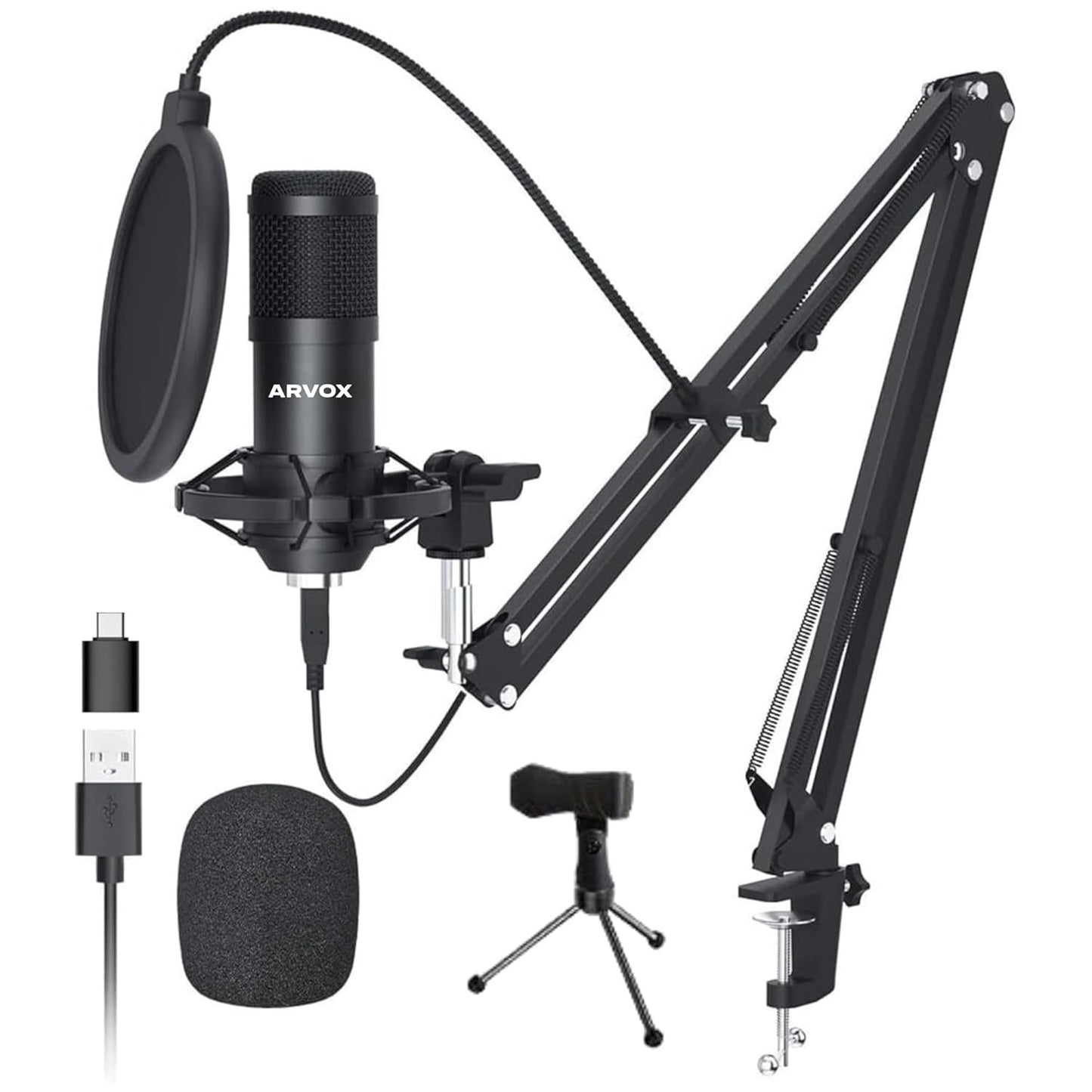 ARVOX AX-M5 USB Condenser Microphone Kit, 192kHz/24bit, 20-20KHz, 16mm Diaphragm, with Boom Arm, Pop Filter, Shock Mount, Tripod, 2.5M Cable, for Podcasting, Gaming, Singing