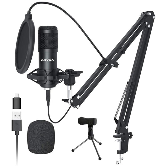 ARVOX AX-M5 USB Condenser Microphone Kit, 192kHz/24bit, 20-20KHz, 16mm Diaphragm, with Boom Arm, Pop Filter, Shock Mount, Tripod, 2.5M Cable, for Podcasting, Gaming, Singing