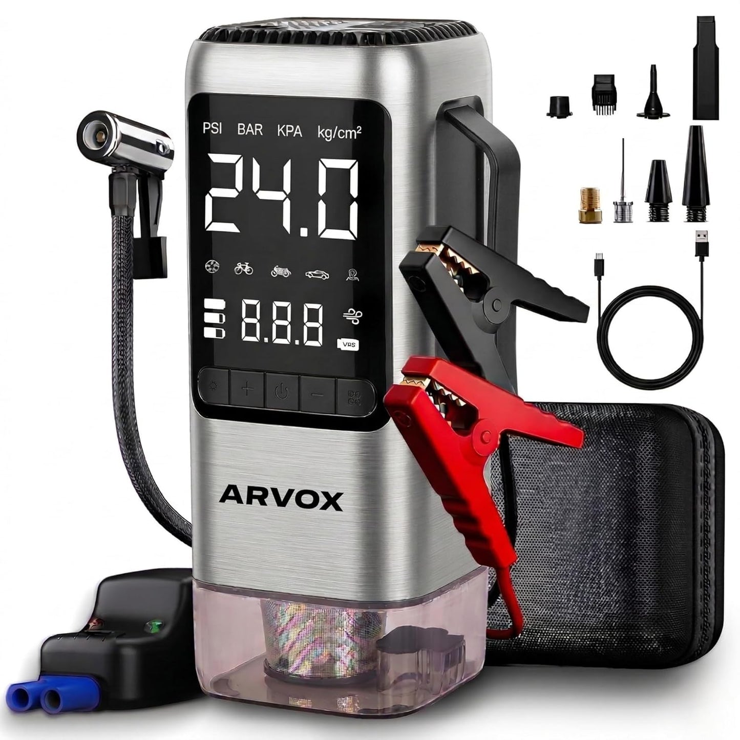 ARVOX 6 in 1 Tyre Inflator for Car,Bike with Car Battery Jump Starter,Vaccum Cleaner & Power Bank,3X Faster Inflation Air Inflator Pump(10,000 mAH)(Grey), 23 Liters Per Minute