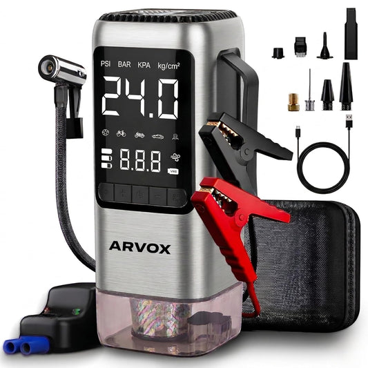 ARVOX 6 in 1 Tyre Inflator for Car,Bike with Car Battery Jump Starter,Vaccum Cleaner & Power Bank,3X Faster Inflation Air Inflator Pump(10,000 mAH)(Grey), 23 Liters Per Minute