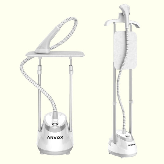 ARVOX Ease Standing Iron Garment Steamer 2000 Watts| 1.6L Detachable Water Tank| Variable Control Knob| Adjustable Iron Board| Vertical & Horizontal Steaming Up To 35G/Min| 28 Sec Fast Heating White