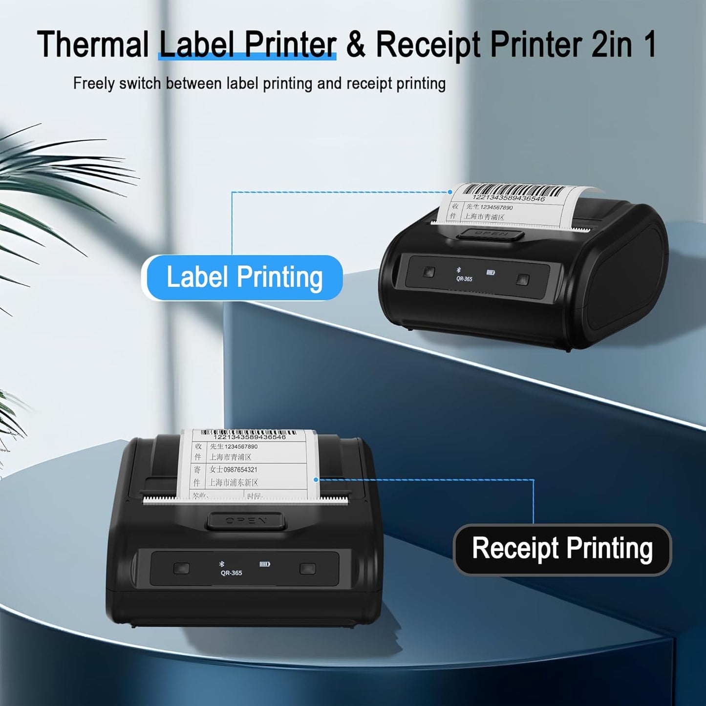 ARVOX 3 Inch Bluetooth Shipping Label Printer & 80mm Receipt Printer 2-in-1 | 3-Inch Thermal Label Printer | Wireless Battery Powered | Adjustable Label Size | Android, iPhone, Windows, Mac 203DPI