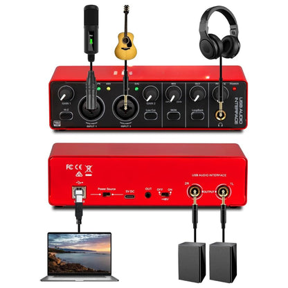 Arvox USB Audio Interface 2x2 Gen 3 | 2-In 2-Out | Premium Mic Pre-Amps | 48V Phantom Power | 24-bit/192kHz Recording | XLR/Mic/Line Inputs | Plug & Play | Metal Body | Red