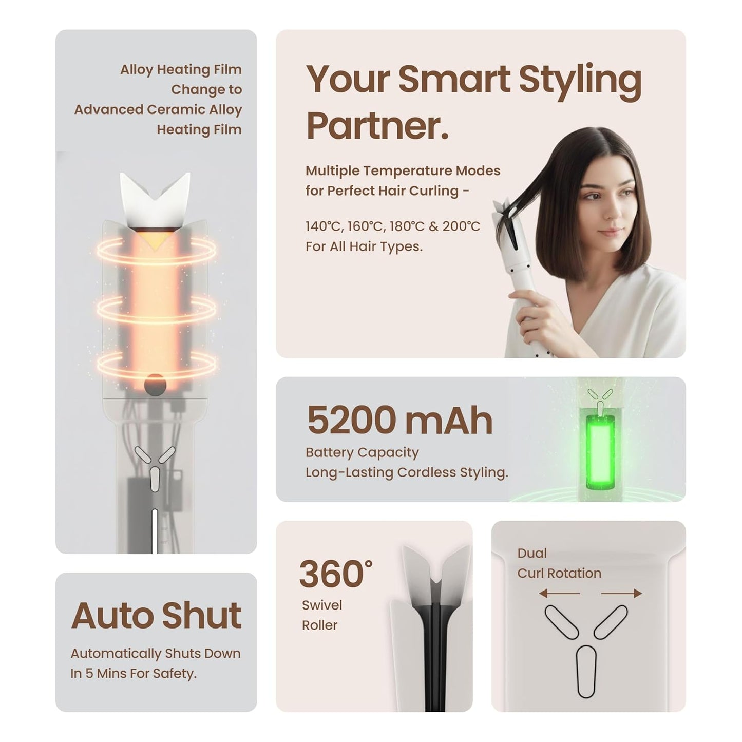 Arvox Mate Z10 Automatic Hair Curler for Women 5200mAh | Cordless Portable Hair Curler Machine with Dual Direction (Left/Right) | 4 Temperature Settings 140–200°C | USB-C Rechargeable Curling Iron with 360° Swivel Barrel
