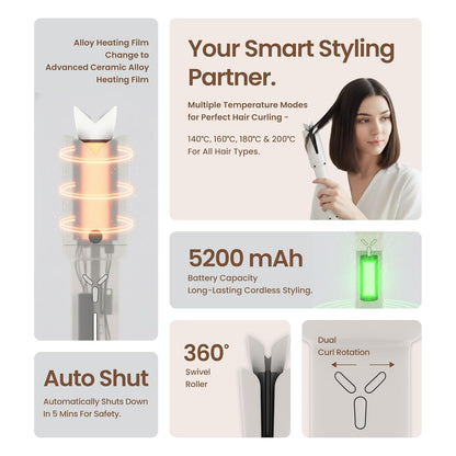 Arvox Mate Z10 Automatic Hair Curler for Women 5200mAh | Cordless Portable Hair Curler Machine with Dual Direction (Left/Right) | 4 Temperature Settings 140–200°C | USB-C Rechargeable Curling Iron with 360° Swivel Barrel
