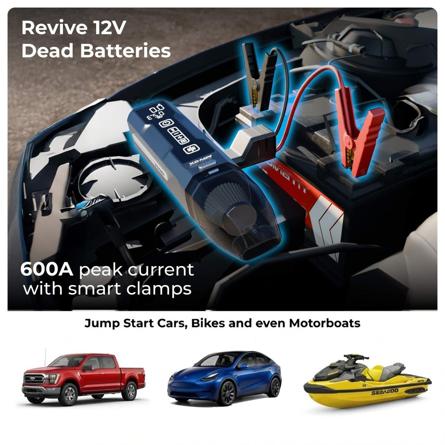 Arvox 4-in-1 Car Vacuum Cleaner, Tyre Inflator, Jump Starter & Portable Air Pump | Cordless Rechargeable Cleaning Vacuum for Car & Bike | Emergency Tool Heavy Duty