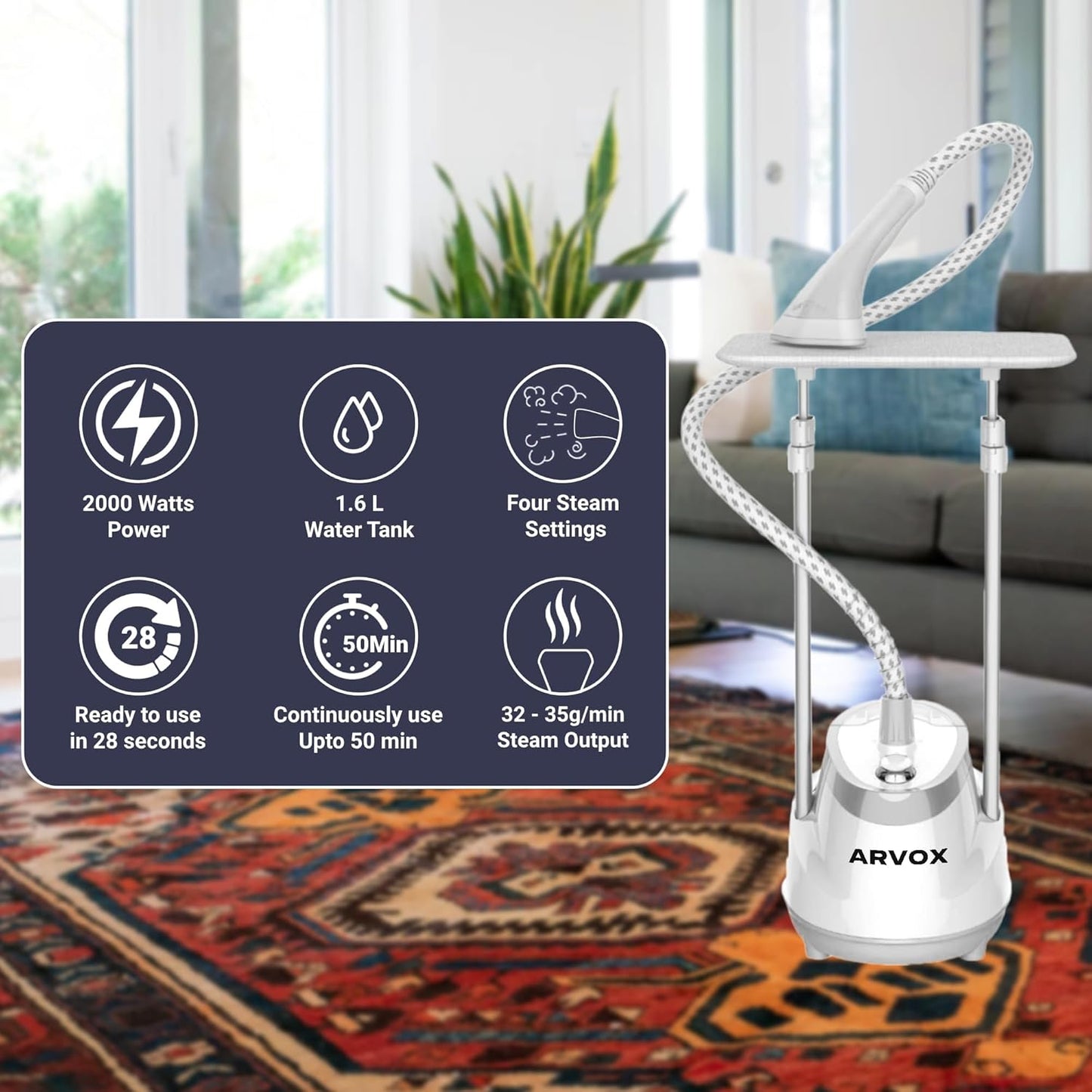 ARVOX Ease Standing Iron Garment Steamer 2000 Watts| 1.6L Detachable Water Tank| Variable Control Knob| Adjustable Iron Board| Vertical & Horizontal Steaming Up To 35G/Min| 28 Sec Fast Heating White