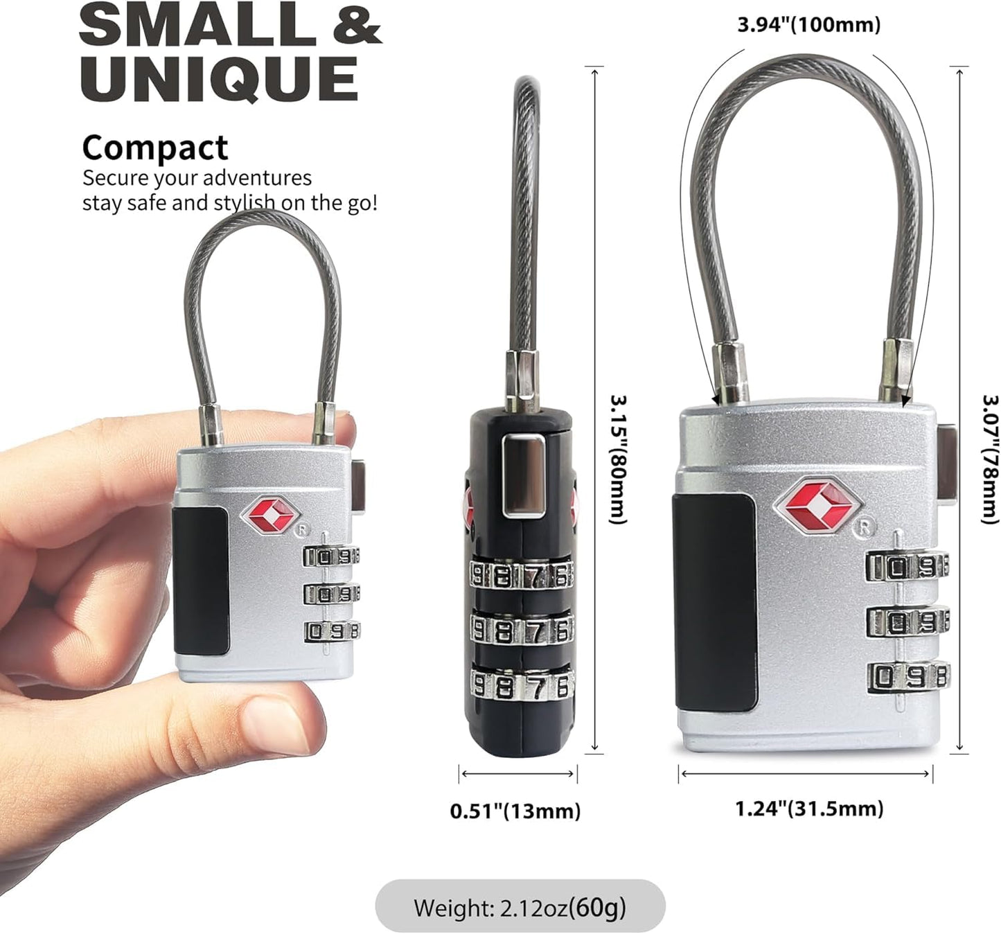 ARVOX Set of 2 Metal Cable TSA Locks for Luggage, Number Lock for Bag 4 Digit Small Locks for Luggage TSA Lock Combination Password Locks for Travel (2, Metal TSA Cable)