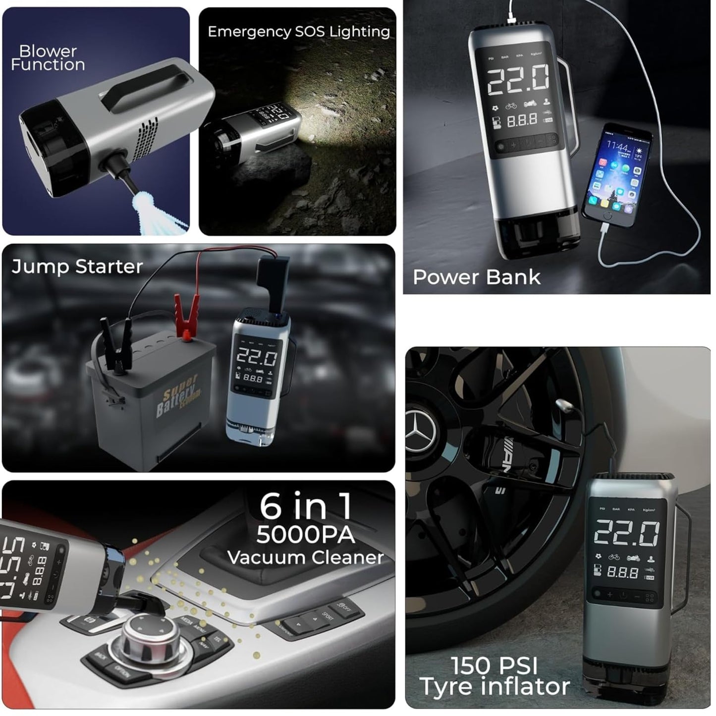 ARVOX 6 in 1 Tyre Inflator for Car,Bike with Car Battery Jump Starter,Vaccum Cleaner & Power Bank,3X Faster Inflation Air Inflator Pump(10,000 mAH)(Grey), 23 Liters Per Minute