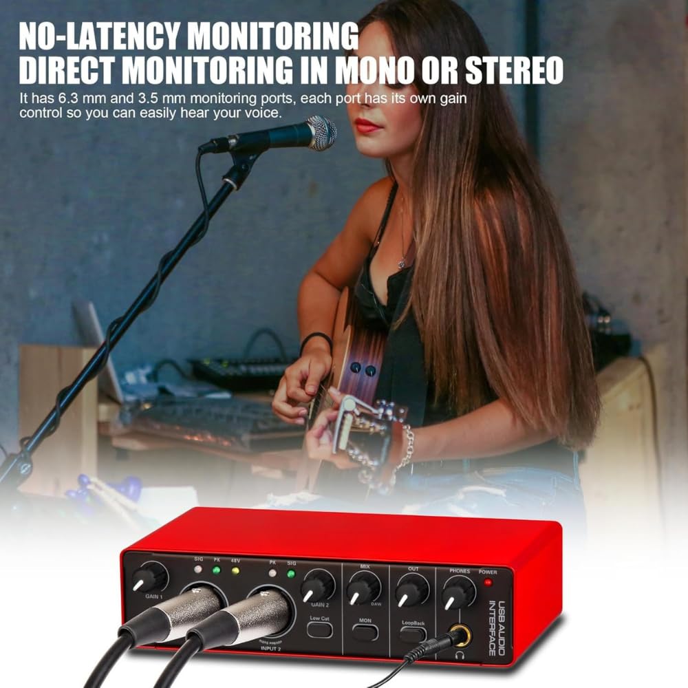 Arvox USB Audio Interface 2x2 Gen 3 | 2-In 2-Out | Premium Mic Pre-Amps | 48V Phantom Power | 24-bit/192kHz Recording | XLR/Mic/Line Inputs | Plug & Play | Metal Body | Red