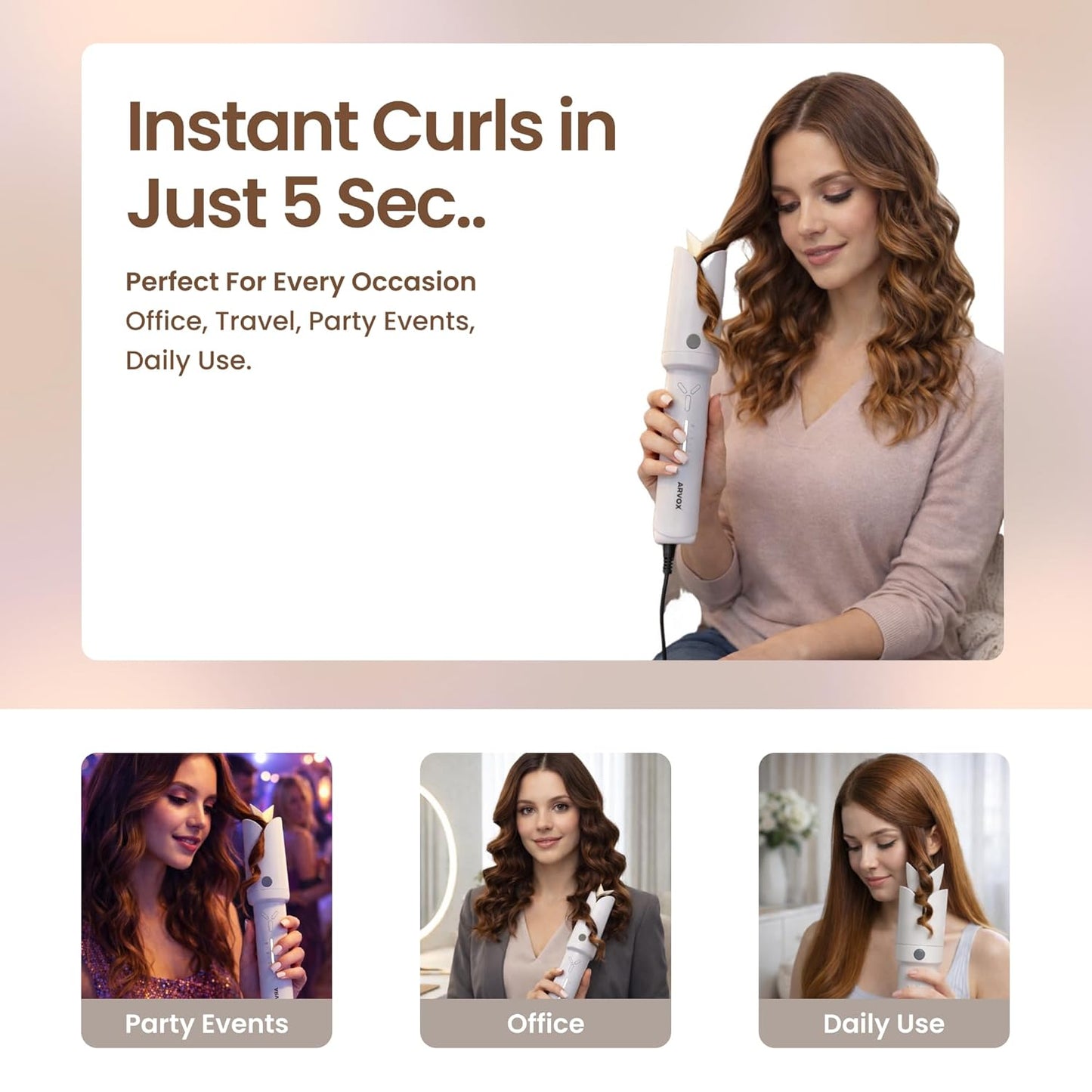 Arvox Mate Z10 Automatic Hair Curler for Women 5200mAh | Cordless Portable Hair Curler Machine with Dual Direction (Left/Right) | 4 Temperature Settings 140–200°C | USB-C Rechargeable Curling Iron with 360° Swivel Barrel