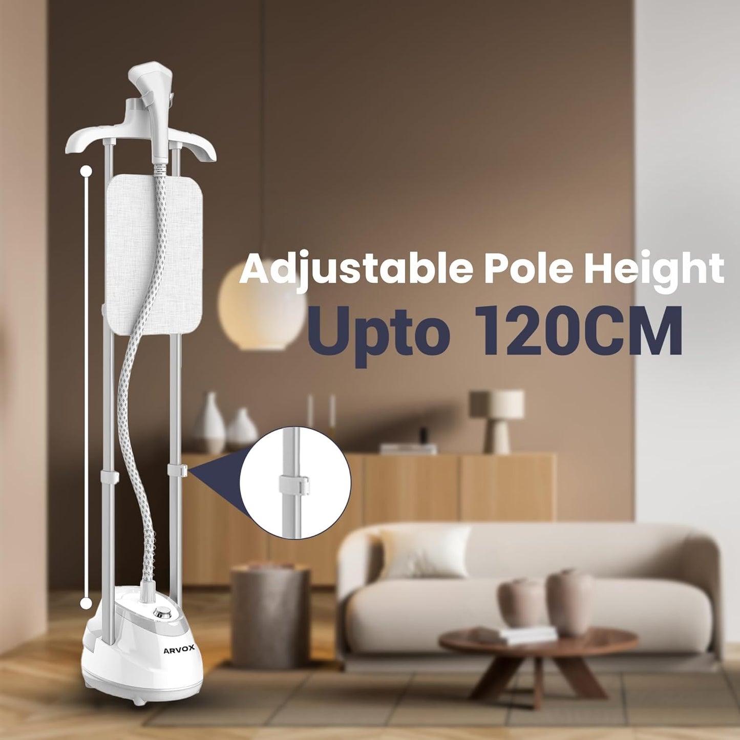 ARVOX Ease Standing Iron Garment Steamer 2000 Watts| 1.6L Detachable Water Tank| Variable Control Knob| Adjustable Iron Board| Vertical & Horizontal Steaming Up To 35G/Min| 28 Sec Fast Heating White