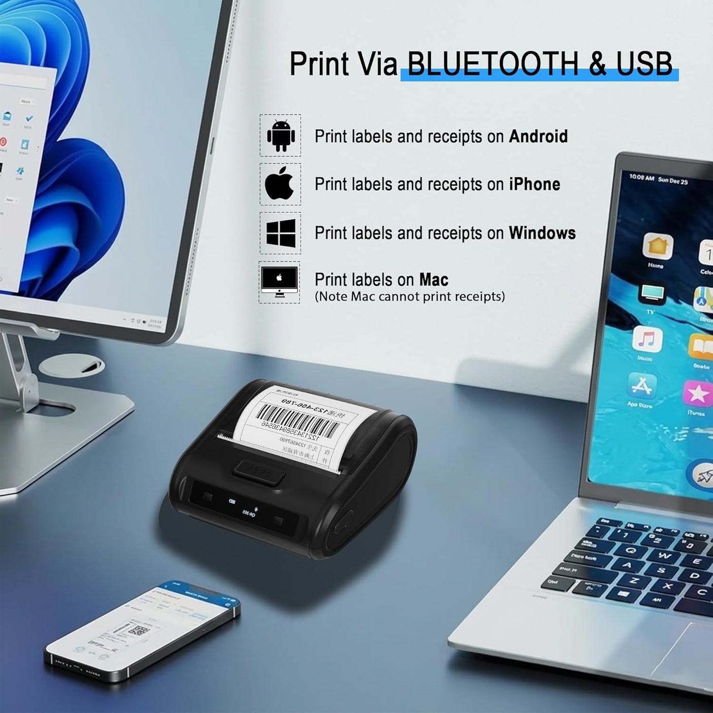 ARVOX 3 Inch Bluetooth Shipping Label Printer & 80mm Receipt Printer 2-in-1 | 3-Inch Thermal Label Printer | Wireless Battery Powered | Adjustable Label Size | Android, iPhone, Windows, Mac 203DPI