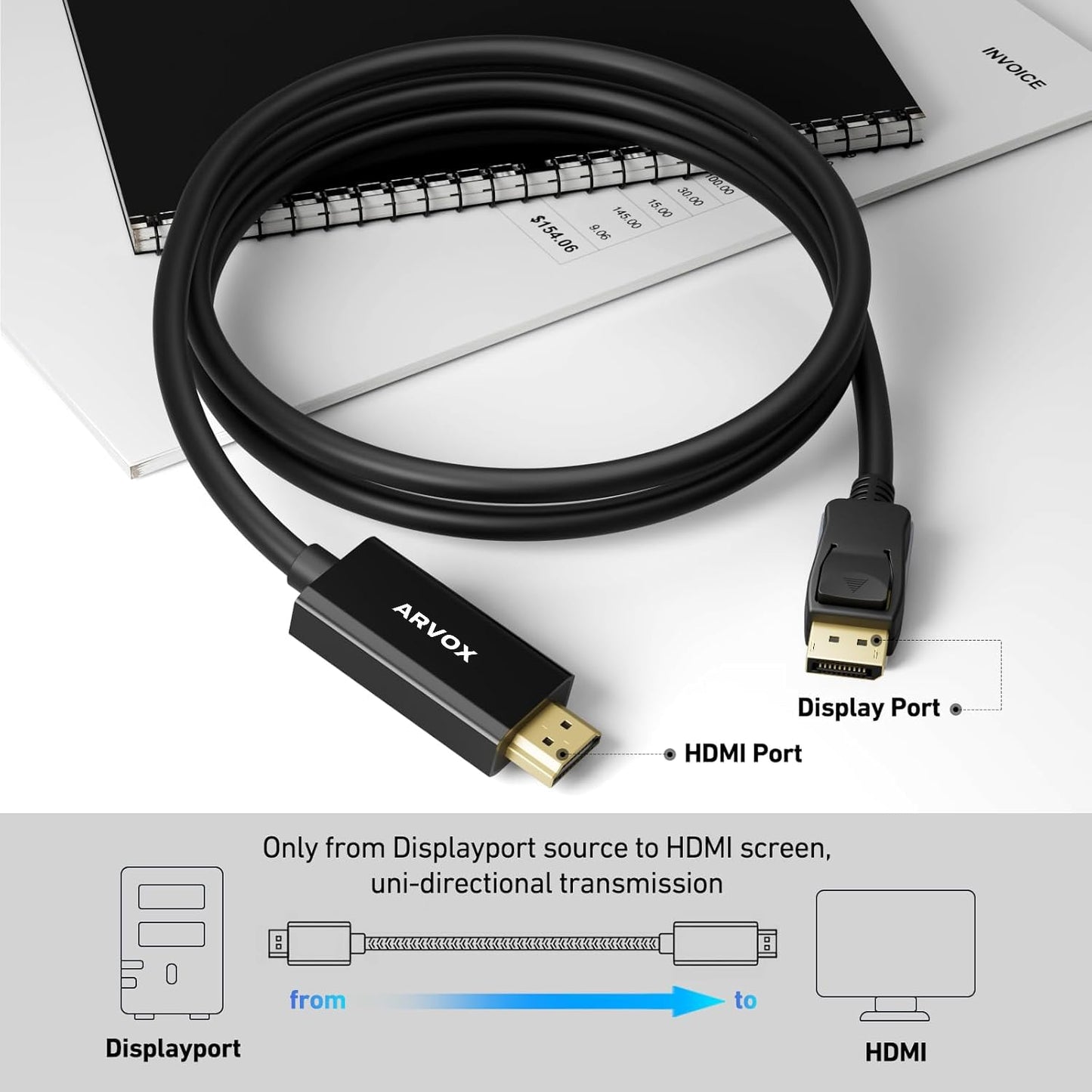 ARVOX DisplayPort to HDMI Cable, 4K@30Hz Uni-Directional UHD DP to HDMI Audio & Video Display Cable for Projector, Laptop, TV, Monitor, MacBook 6FT