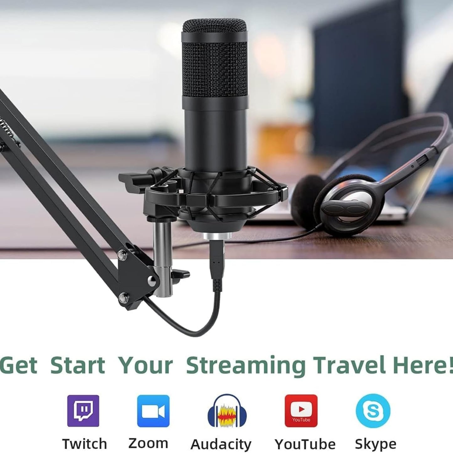 ARVOX AX-M5 USB Condenser Microphone Kit, 192kHz/24bit, 20-20KHz, 16mm Diaphragm, with Boom Arm, Pop Filter, Shock Mount, Tripod, 2.5M Cable, for Podcasting, Gaming, Singing