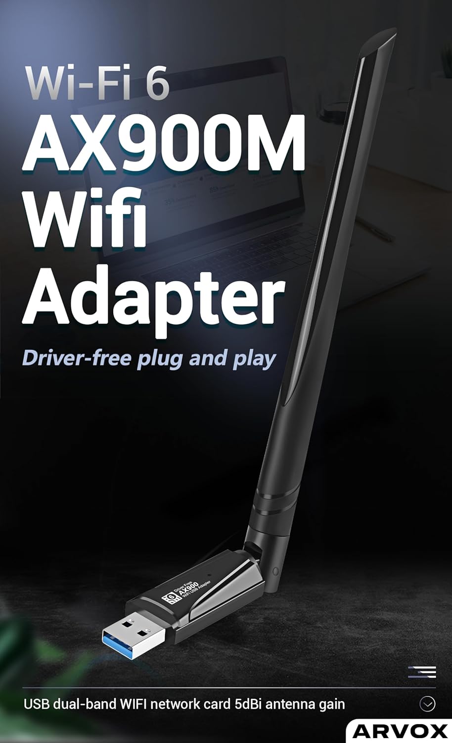 ARVOX AX900 900 Mbps WiFi-6 Wireless Network USB Adapter for Desktop PC with 2.4Ghz/5Ghz High Gain Dual Band 5 Dbi Antenna Wi-Fi, Supports Windows 11/10/8.1/8/7/Xp, Mac Os 10.15 and Earlier