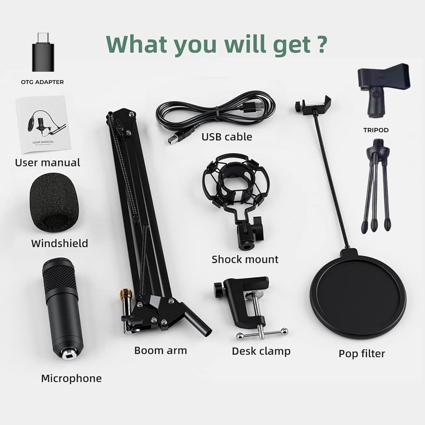 ARVOX AX-M5 USB Condenser Microphone Kit, 192kHz/24bit, 20-20KHz, 16mm Diaphragm, with Boom Arm, Pop Filter, Shock Mount, Tripod, 2.5M Cable, for Podcasting, Gaming, Singing