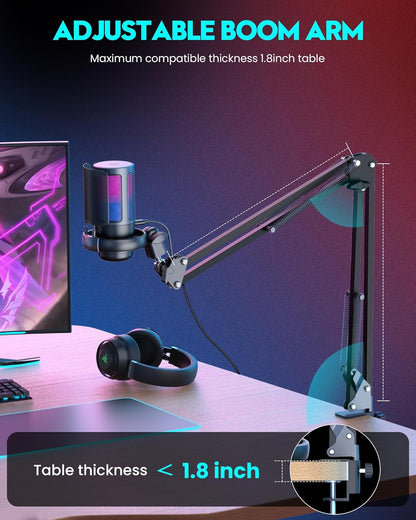 ARVOX AX-M6 RGB USB Professional Condenser Microphone Kit| Quick Mute, 192kHz/24bit with Boom Arm, Pop Filter, Shock Mount, Tripod, for Podcasting, Gaming, Singing | Mac/PC/Mobile/Laptop/PS4/5