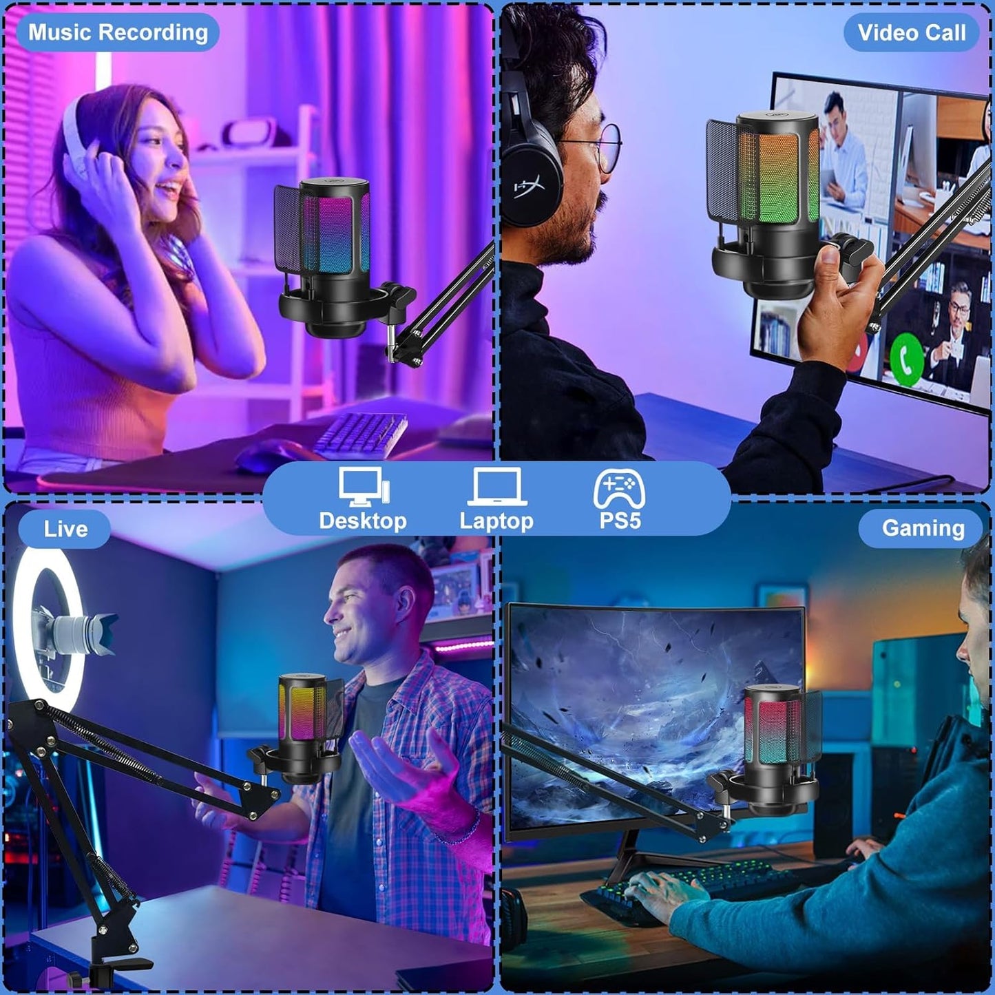 ARVOX AX-M6 RGB USB Professional Condenser Microphone Kit| Quick Mute, 192kHz/24bit with Boom Arm, Pop Filter, Shock Mount, Tripod, for Podcasting, Gaming, Singing | Mac/PC/Mobile/Laptop/PS4/5