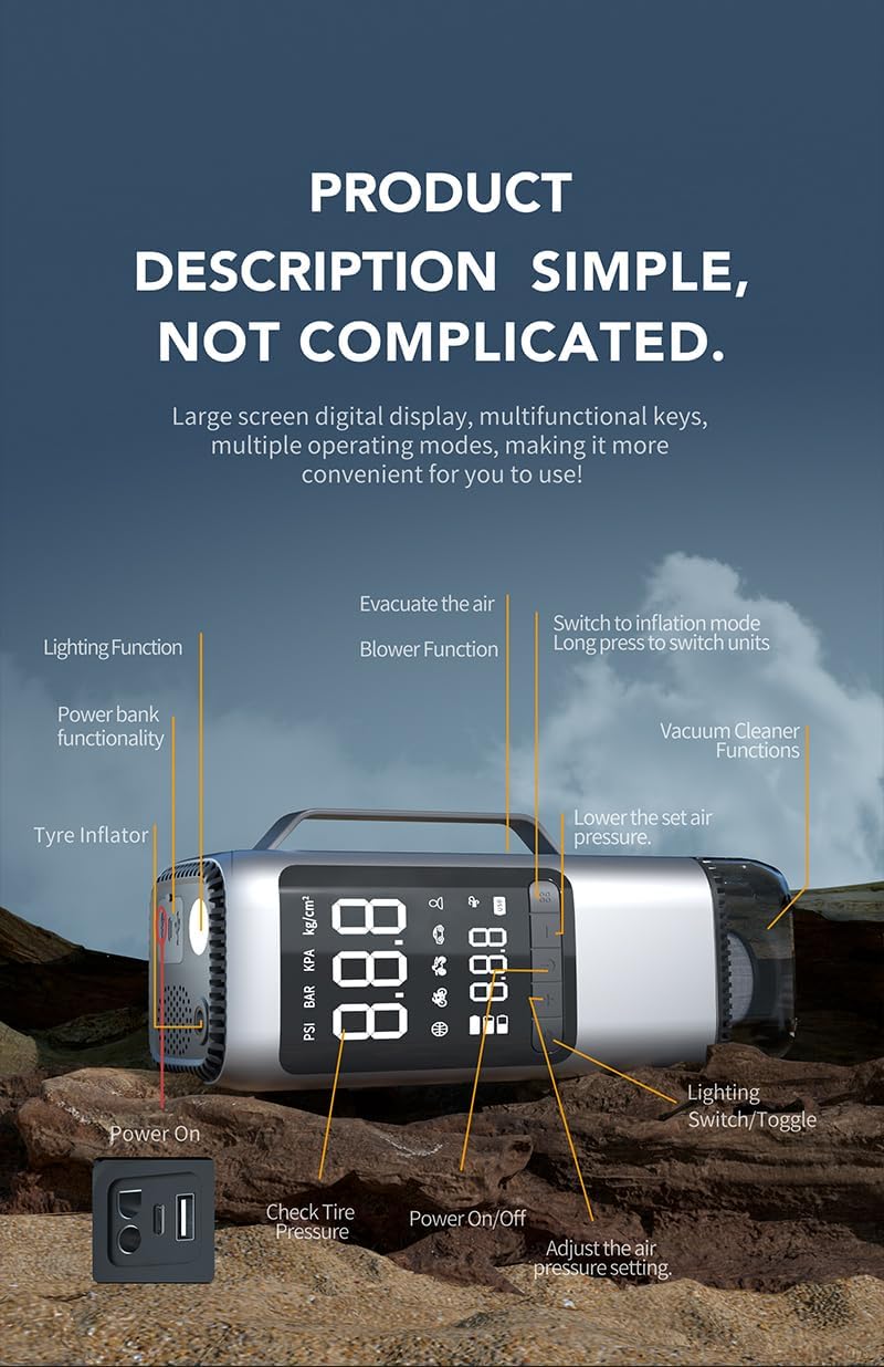 ARVOX 6 in 1 Tyre Inflator for Car,Bike with Car Battery Jump Starter,Vaccum Cleaner & Power Bank,3X Faster Inflation Air Inflator Pump(10,000 mAH)(Grey), 23 Liters Per Minute