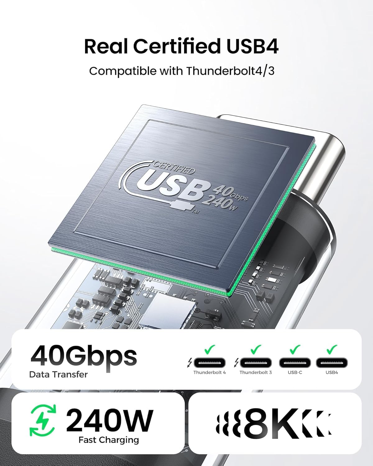 ARVOX USB 4 Type-C to Type-C Cable with 240W Power E-Marker Chip and 40Gbps Data with 8K Video Transmission 60hz, Thunderbolt 4 Fast Charging 1M, Black (USB 4)