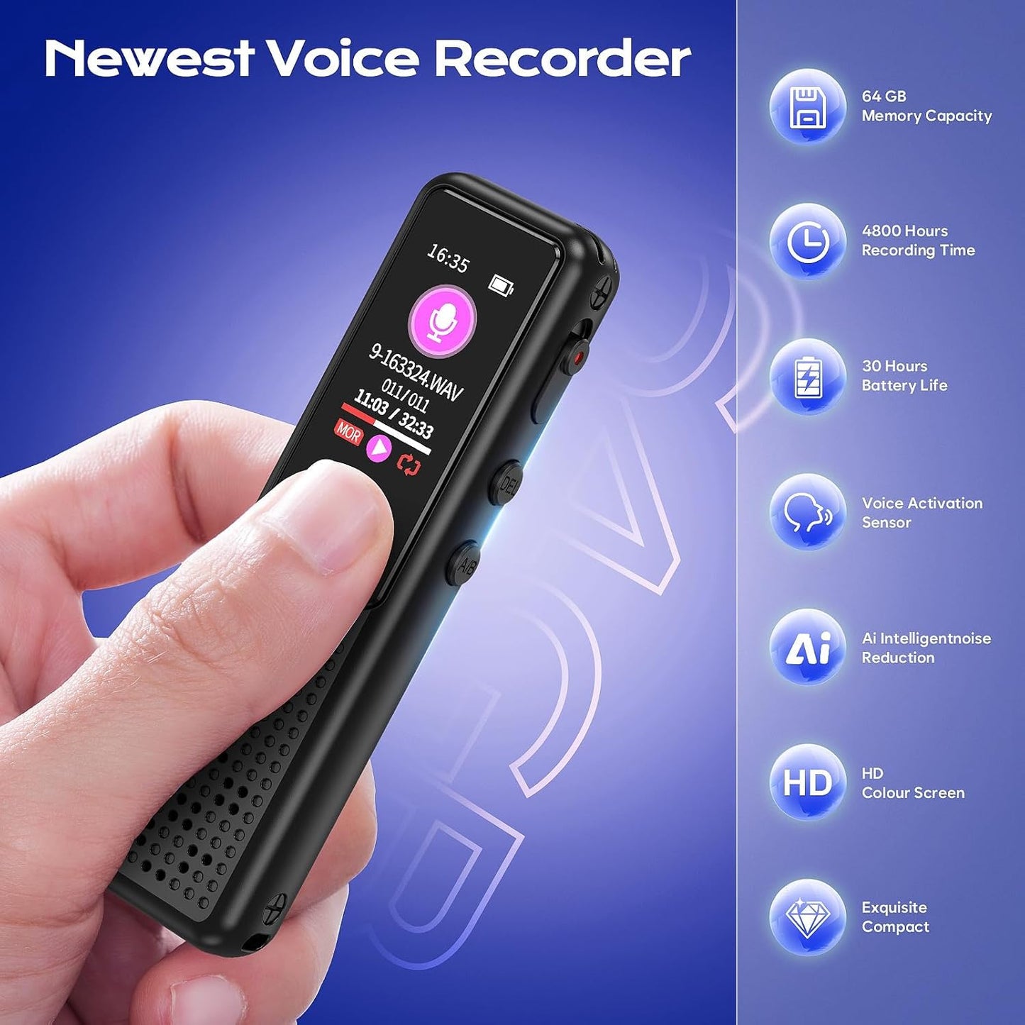 Arvox 32GB Voice Recorder Device with AI Noise Reduction & Mp3 Player with Earphones,Audio Recording Device/Voice Recorder Mic Upto 50 Hours for Meetings/Lectures (Black)