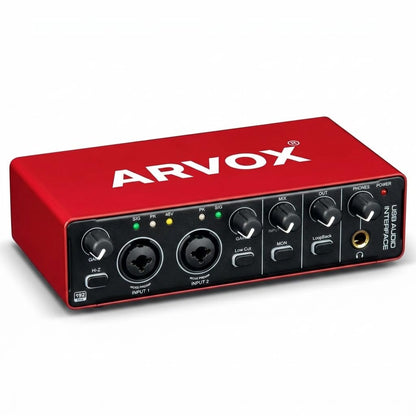 Arvox USB Audio Interface 2x2 Gen 3 | 2-In 2-Out | Premium Mic Pre-Amps | 48V Phantom Power | 24-bit/192kHz Recording | XLR/Mic/Line Inputs | Plug & Play | Metal Body | Red