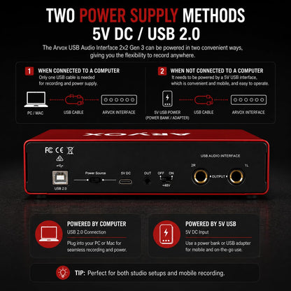 Arvox USB Audio Interface 2x2 Gen 3 | 2-In 2-Out | Premium Mic Pre-Amps | 48V Phantom Power | 24-bit/192kHz Recording | XLR/Mic/Line Inputs | Plug & Play | Metal Body | Red